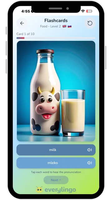 EveryLingo flashcard showing milk with the words milk in English and mleko in Slovenian