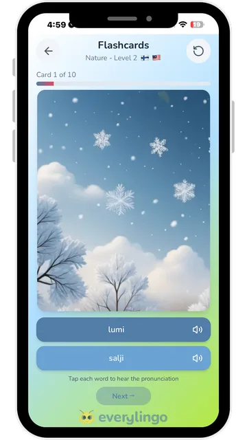 EveryLingo flashcard showing snow with the words lumi in Finnish and salji in Malay