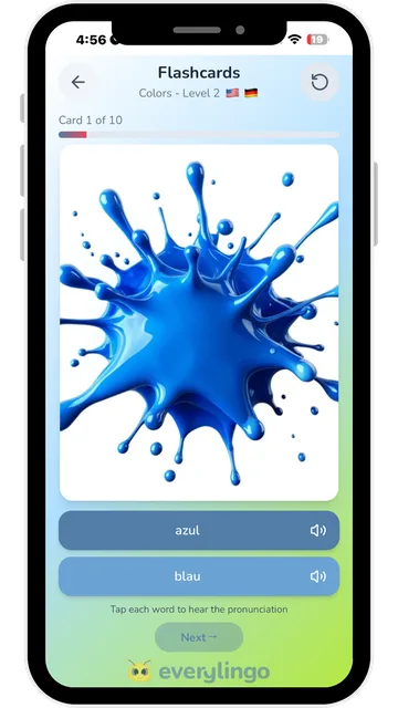 EveryLingo flashcard showing a blue paint splash with the words azul in Spanish and blau in German, each with a sound button