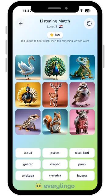 EveryLingo Listening Match game in Croatian with nine animal pictures and their Croatian words