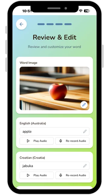EveryLingo Review and Edit screen for an own word card: a photo of an apple with apple in English and jabuka in Croatian, with buttons to play and re-record audio