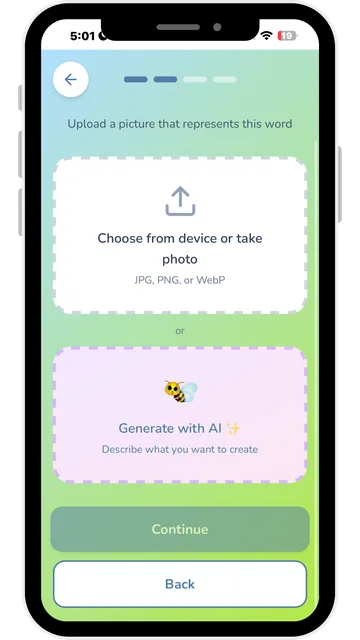 EveryLingo screen for adding a picture to your own word: choose from device, take a photo or generate with AI